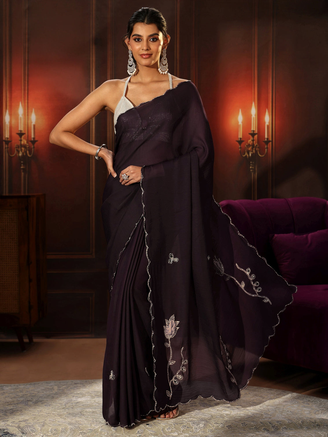 Mameraa Burgundy Chiffon Saree with Floral Applique Design Pallu