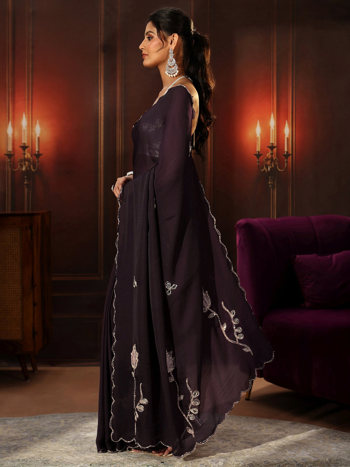 Mameraa Burgundy Chiffon Saree with Floral Applique Design Pallu