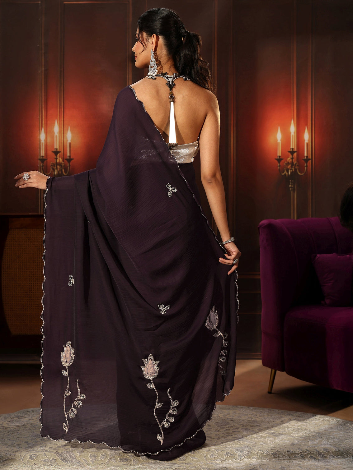 Mameraa Burgundy Chiffon Saree with Floral Applique Design Pallu