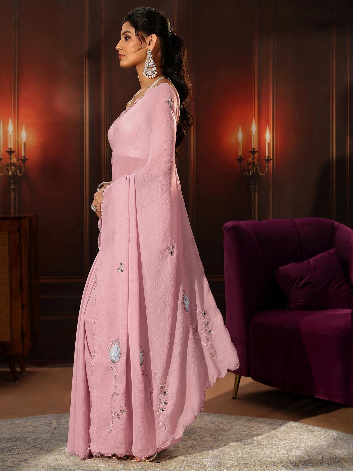 Mameraa Powder Pink Chiffon Saree with Floral Applique Design Pallu