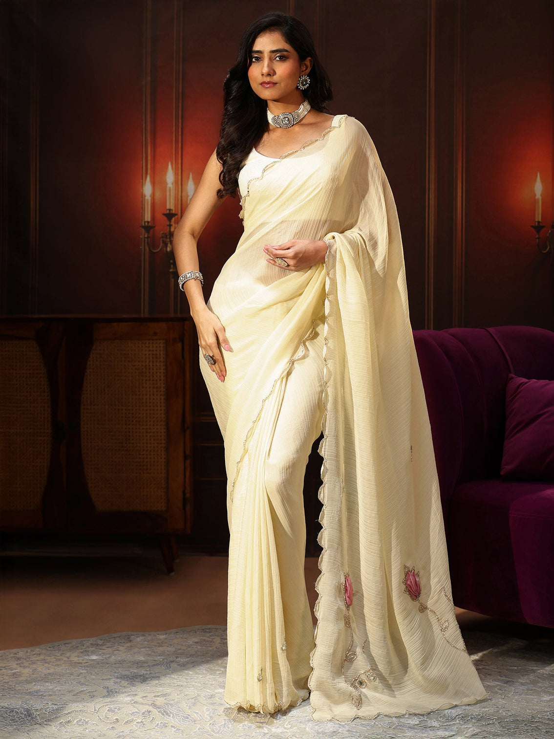 Mameraa Cream Chiffon Saree with Floral Applique Design Pallu