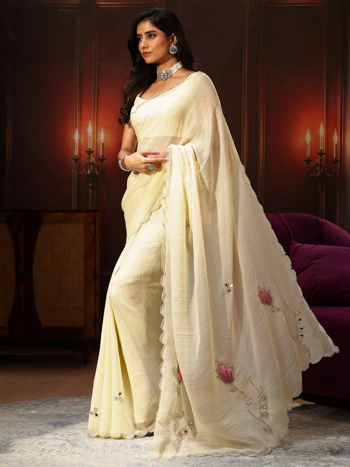 Mameraa Cream Chiffon Saree with Floral Applique Design Pallu