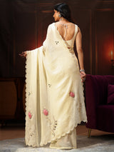 Libas Cream Chiffon Saree with Floral Applique Design Pallu
