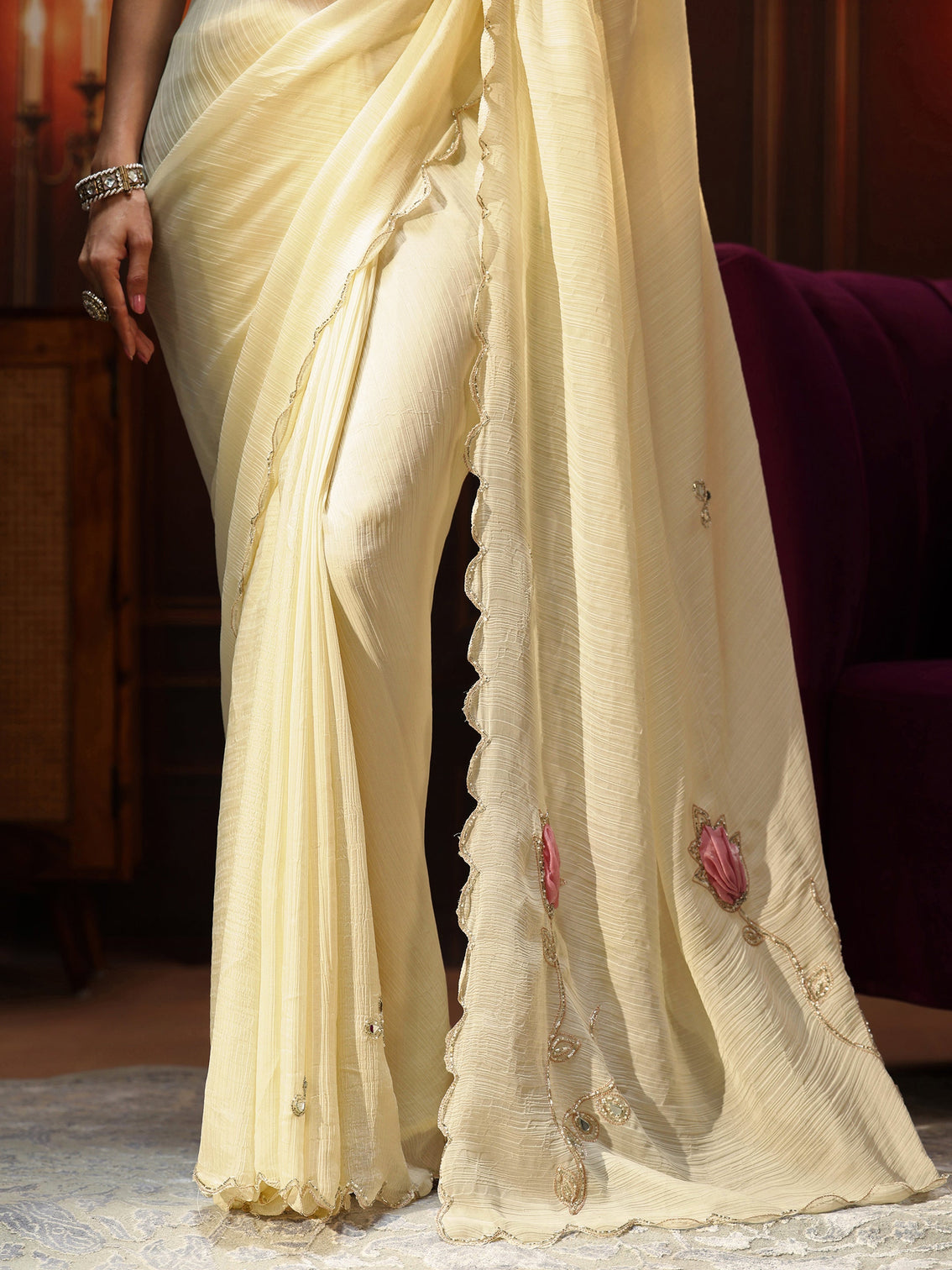 Mameraa Cream Chiffon Saree with Floral Applique Design Pallu