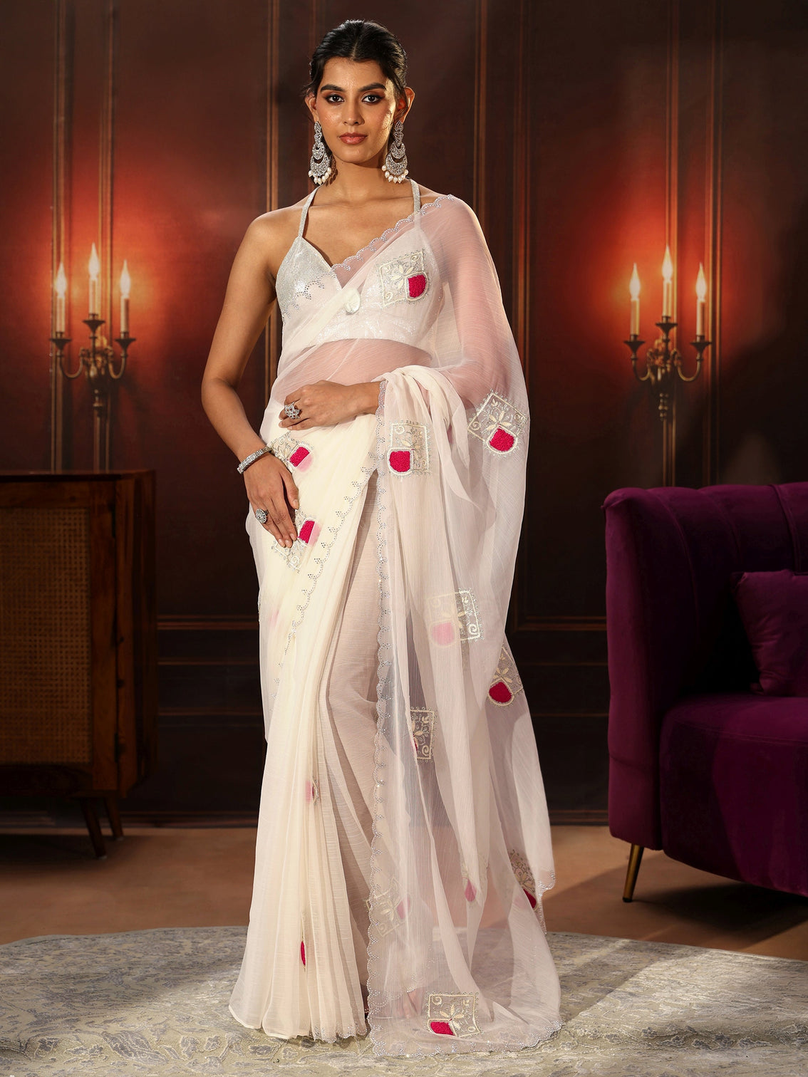 Mameraa Snow White Chiffon Saree with Embroidered  Motifs