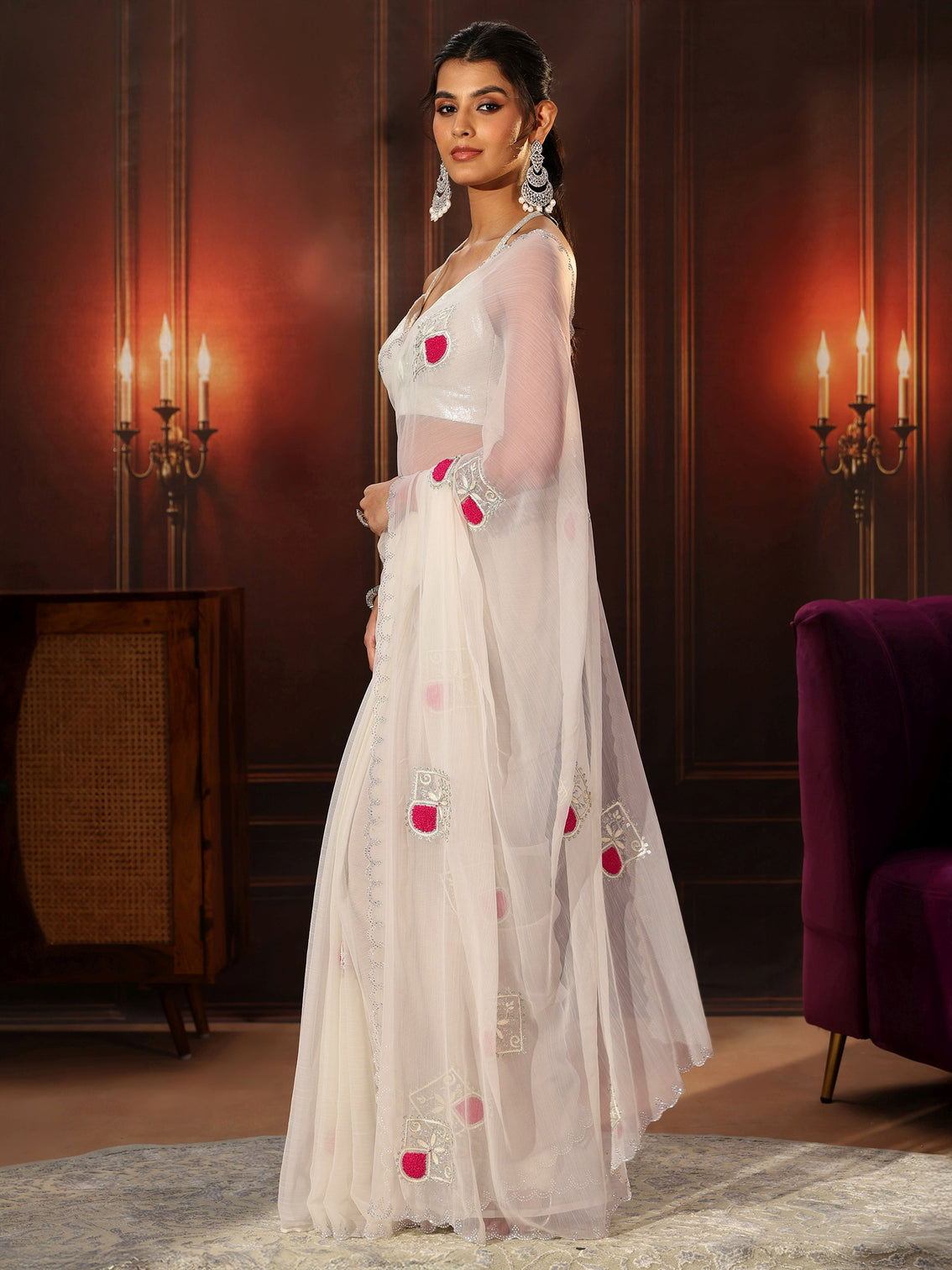 Mameraa Snow White Chiffon Saree with Embroidered  Motifs