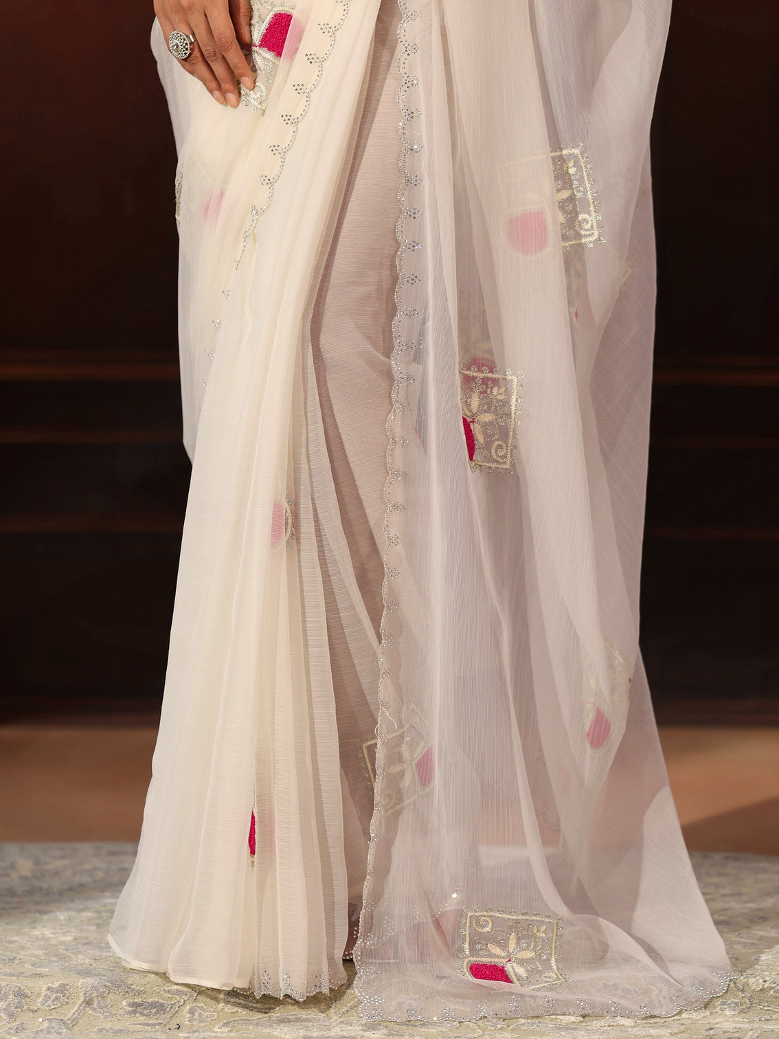 Mameraa Snow White Chiffon Saree with Embroidered  Motifs