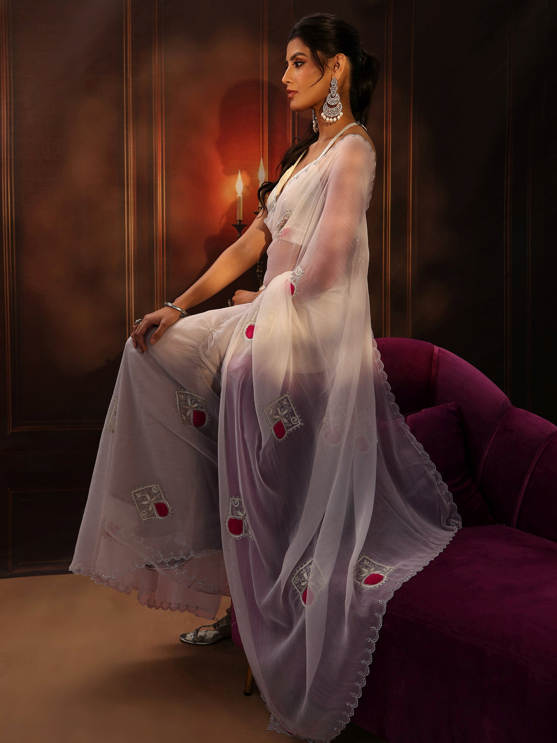 Mameraa Snow White Chiffon Saree with Embroidered  Motifs
