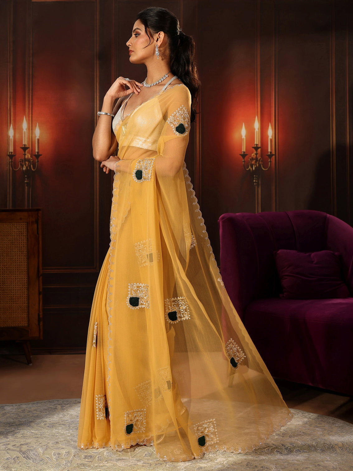 Mameraa Saffron Yellow Chiffon Saree with Embroidered  Motifs