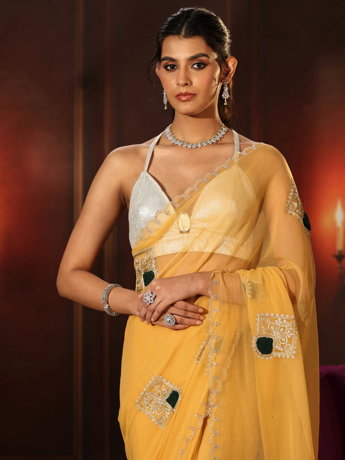 Mameraa Saffron Yellow Chiffon Saree with Embroidered  Motifs
