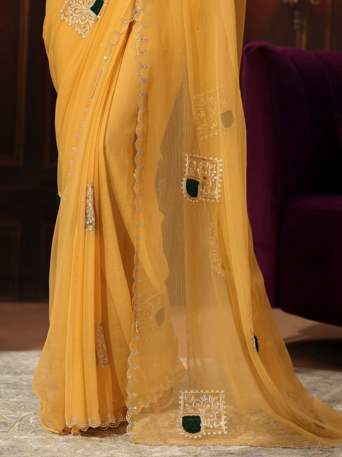 Mameraa Saffron Yellow Chiffon Saree with Embroidered  Motifs