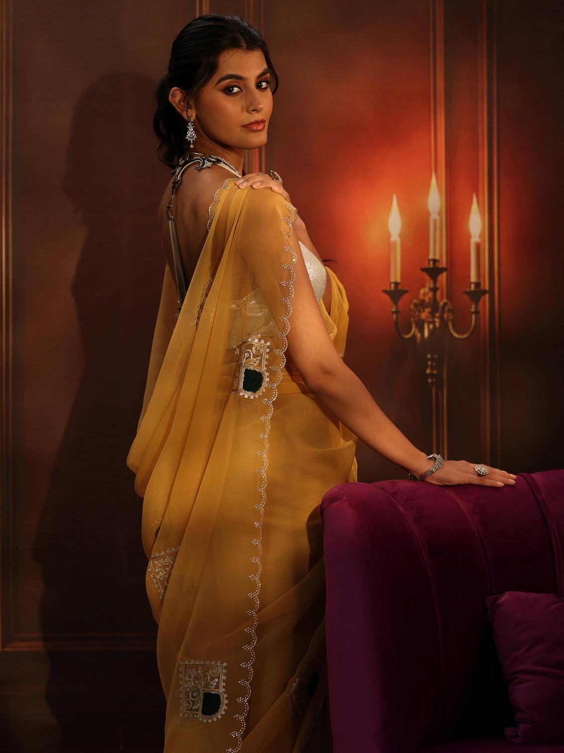Mameraa Saffron Yellow Chiffon Saree with Embroidered  Motifs