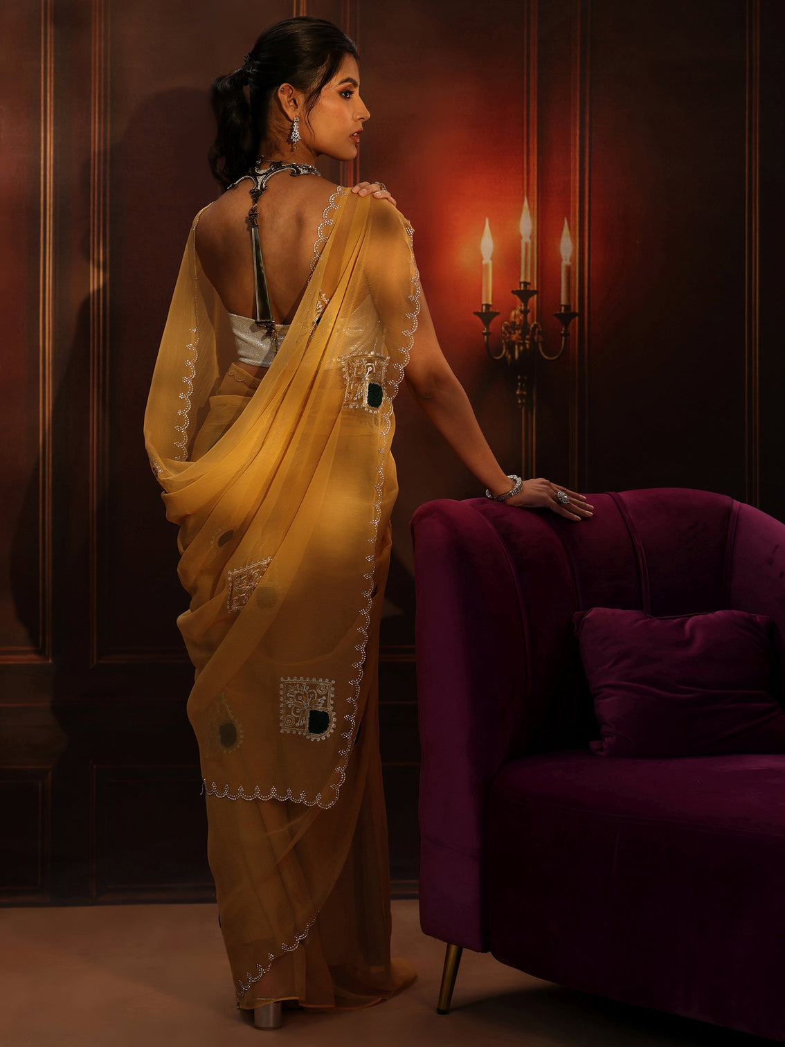 Mameraa Saffron Yellow Chiffon Saree with Embroidered  Motifs