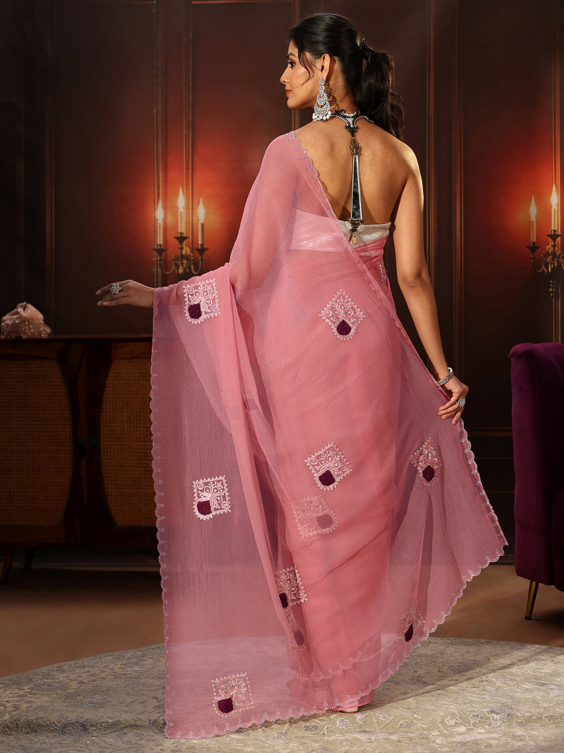 Mameraa Peach Pink Chiffon Saree with Embroidered  Motifs
