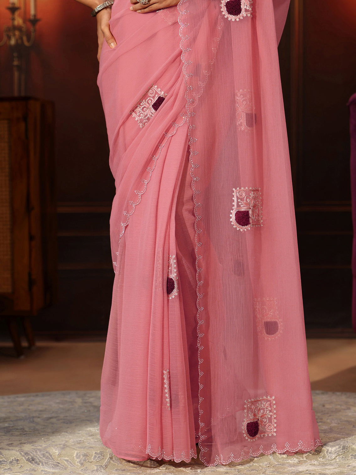 Mameraa Peach Pink Chiffon Saree with Embroidered  Motifs