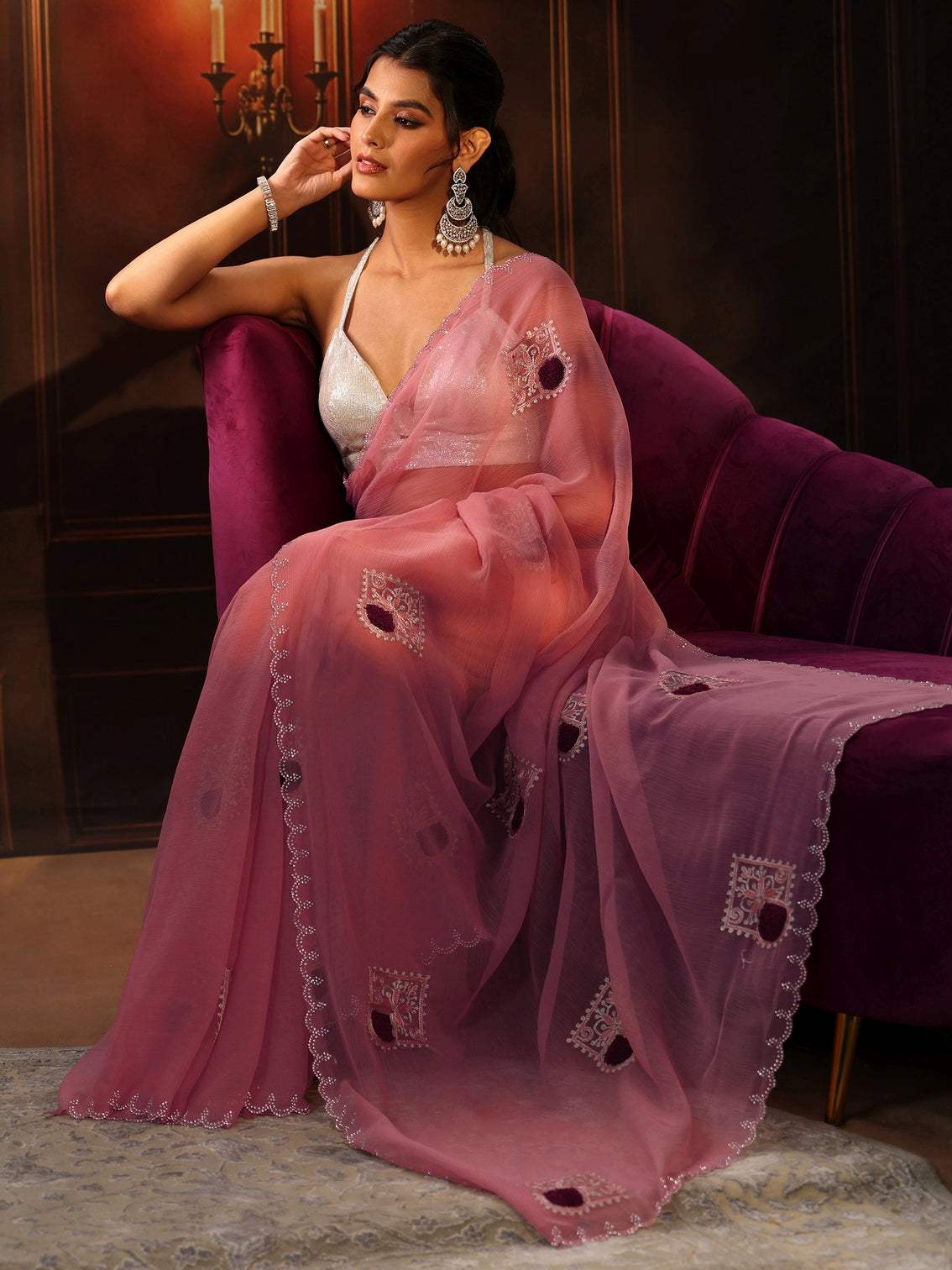 Mameraa Peach Pink Chiffon Saree with Embroidered  Motifs