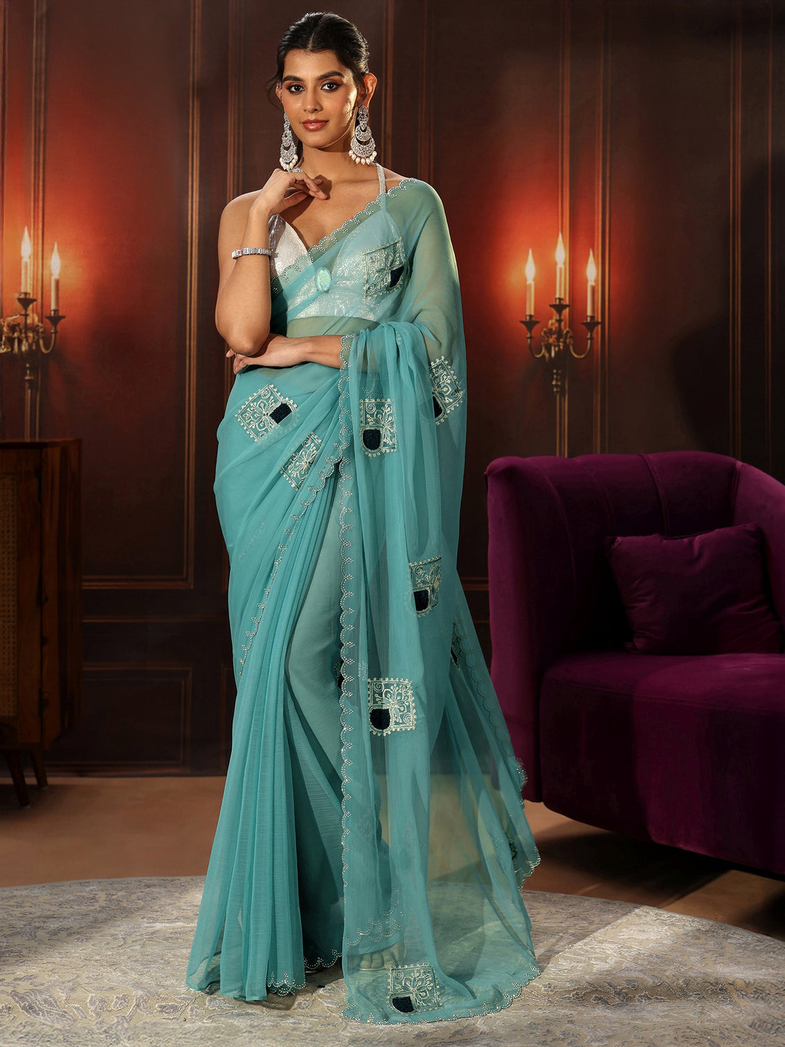 Mameraa Sky Blue Chiffon Saree with Embroidered  Motifs