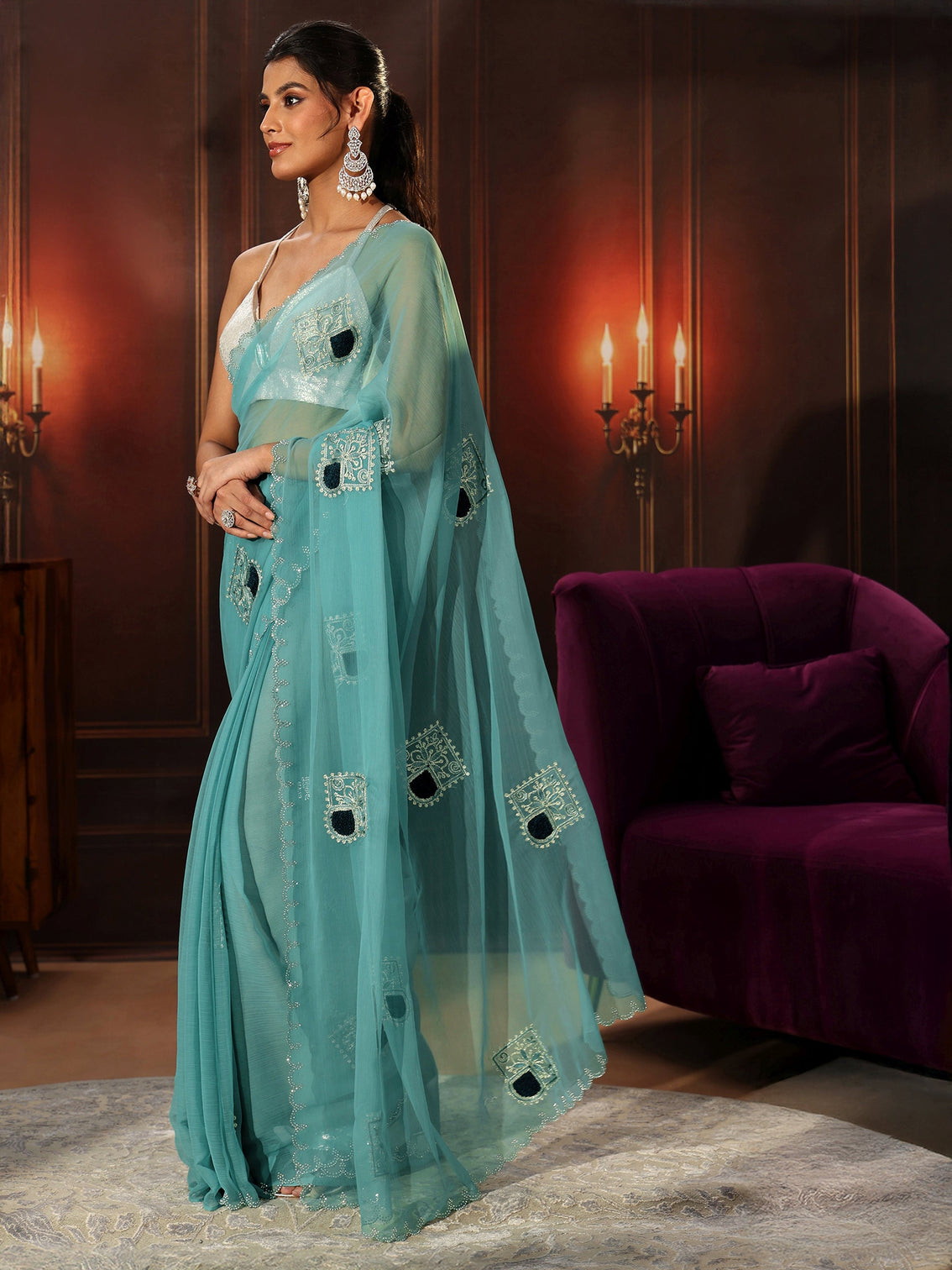 Mameraa Sky Blue Chiffon Saree with Embroidered  Motifs