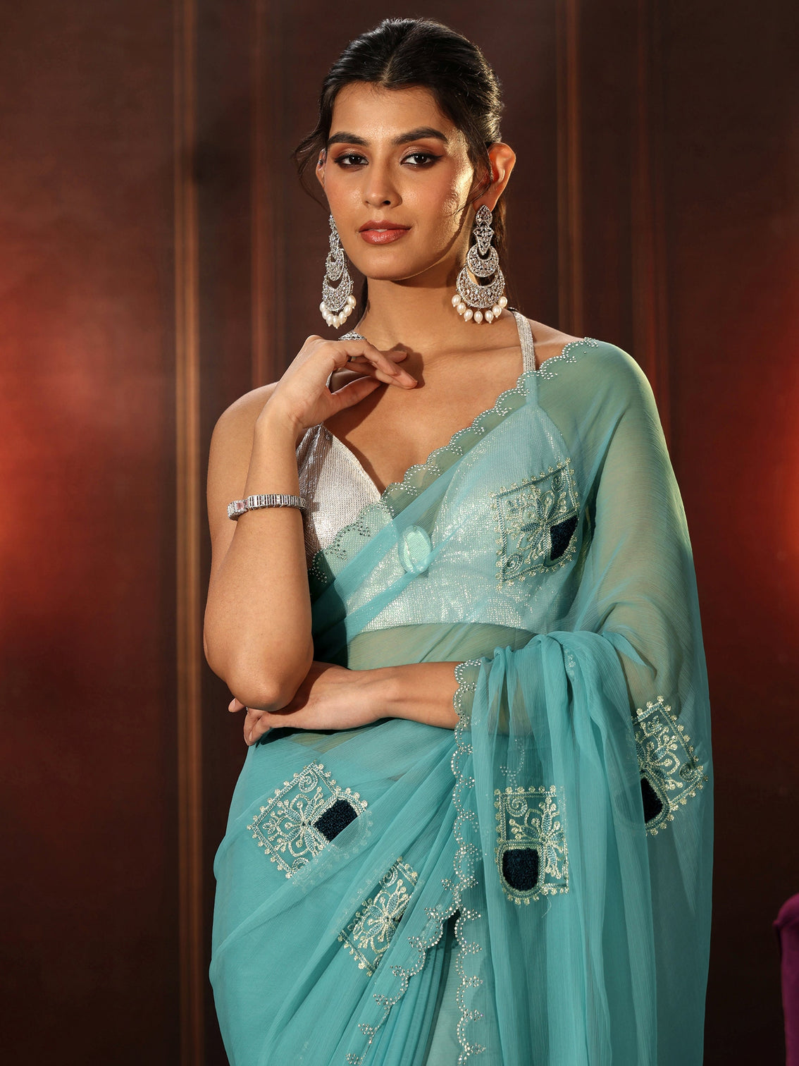 Mameraa Sky Blue Chiffon Saree with Embroidered  Motifs