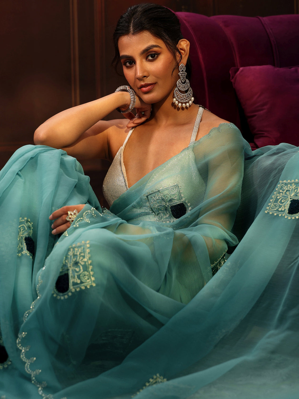 Mameraa Sky Blue Chiffon Saree with Embroidered  Motifs