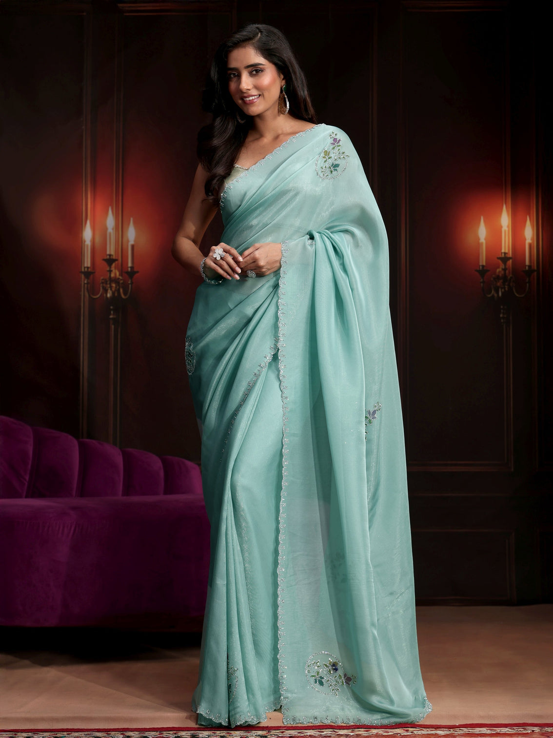 Mameraa Sky Blue Floral Embellished Tissue Saree