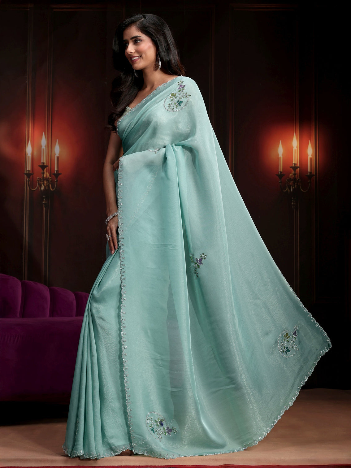 Mameraa Sky Blue Floral Embellished Tissue Saree