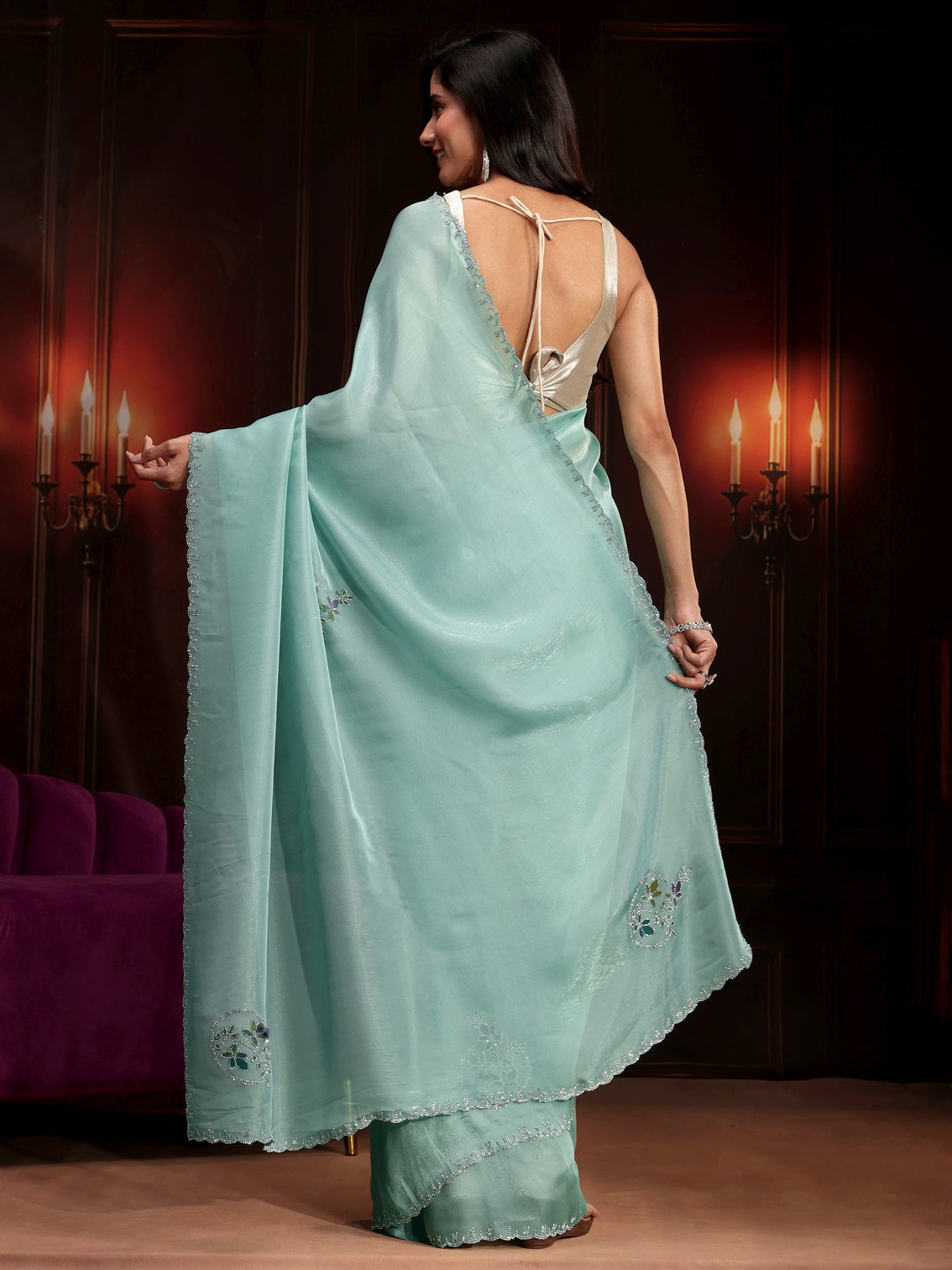Mameraa Sky Blue Floral Embellished Tissue Saree