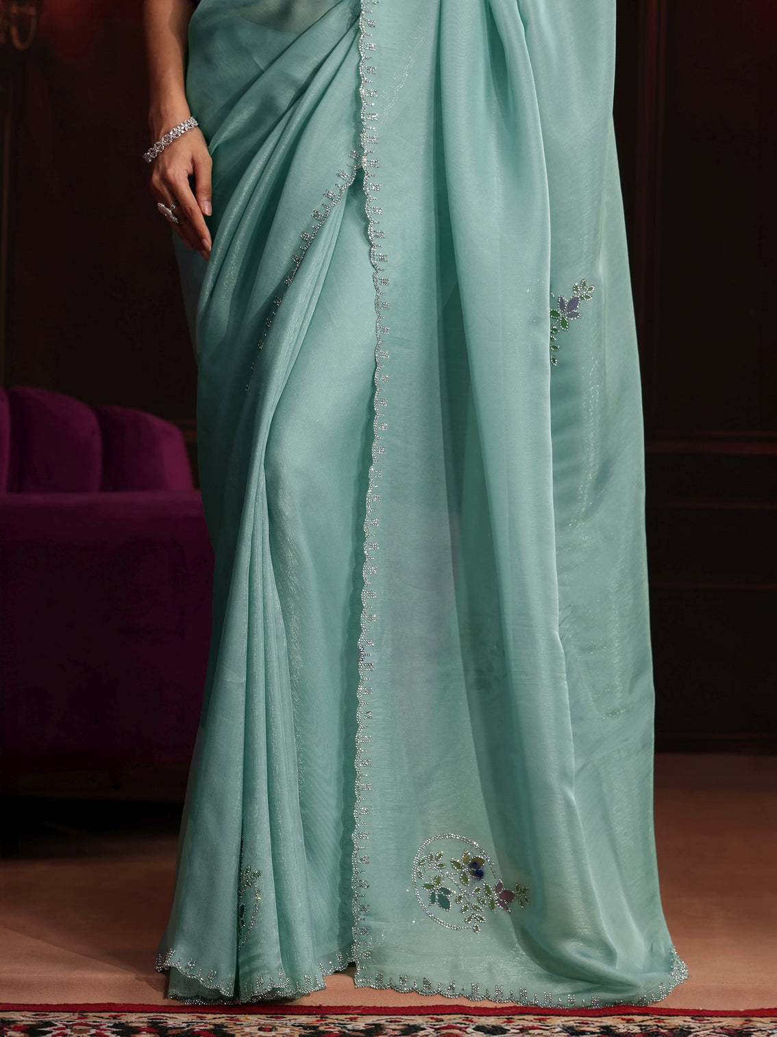 Mameraa Sky Blue Floral Embellished Tissue Saree