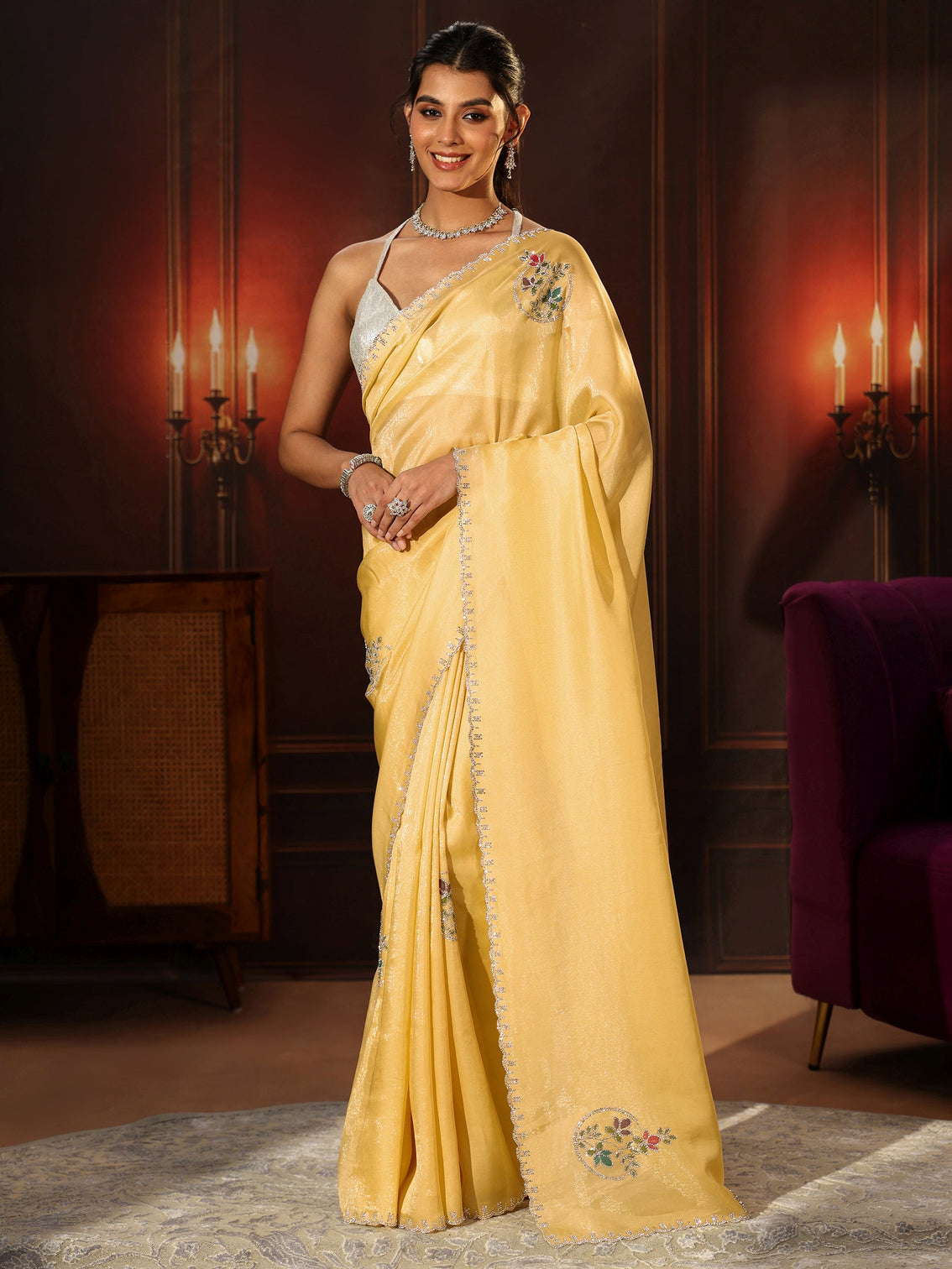 Mameraa Daffodil Yellow Tissue Saree with Embellished Border