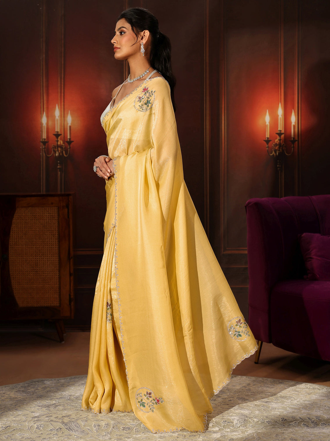 Mameraa Daffodil Yellow Tissue Saree with Embellished Border