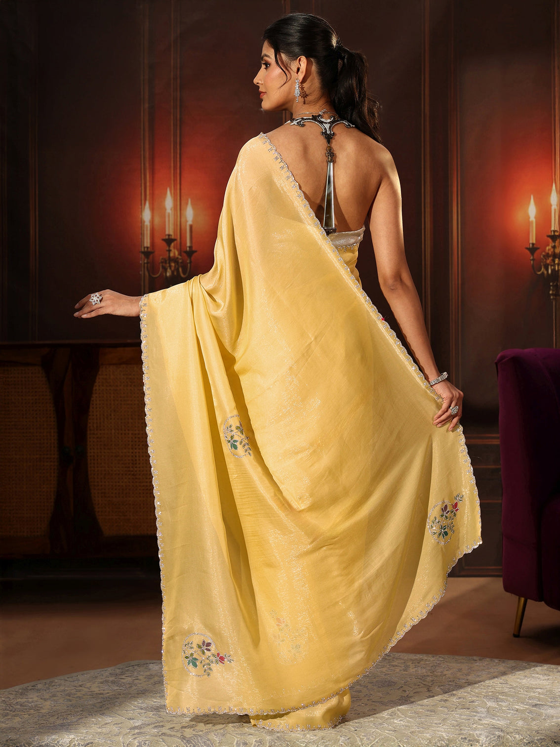 Mameraa Daffodil Yellow Tissue Saree with Embellished Border