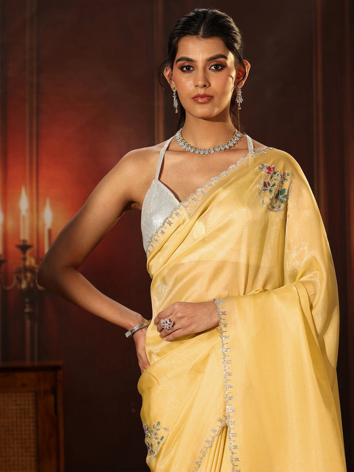 Mameraa Daffodil Yellow Tissue Saree with Embellished Border