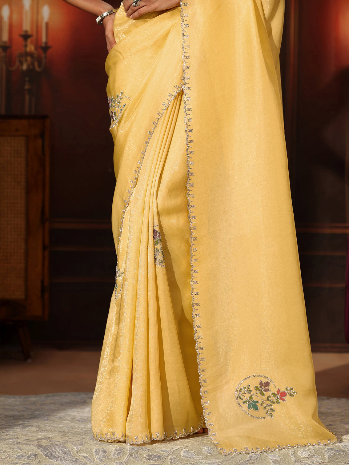 Mameraa Daffodil Yellow Tissue Saree with Embellished Border
