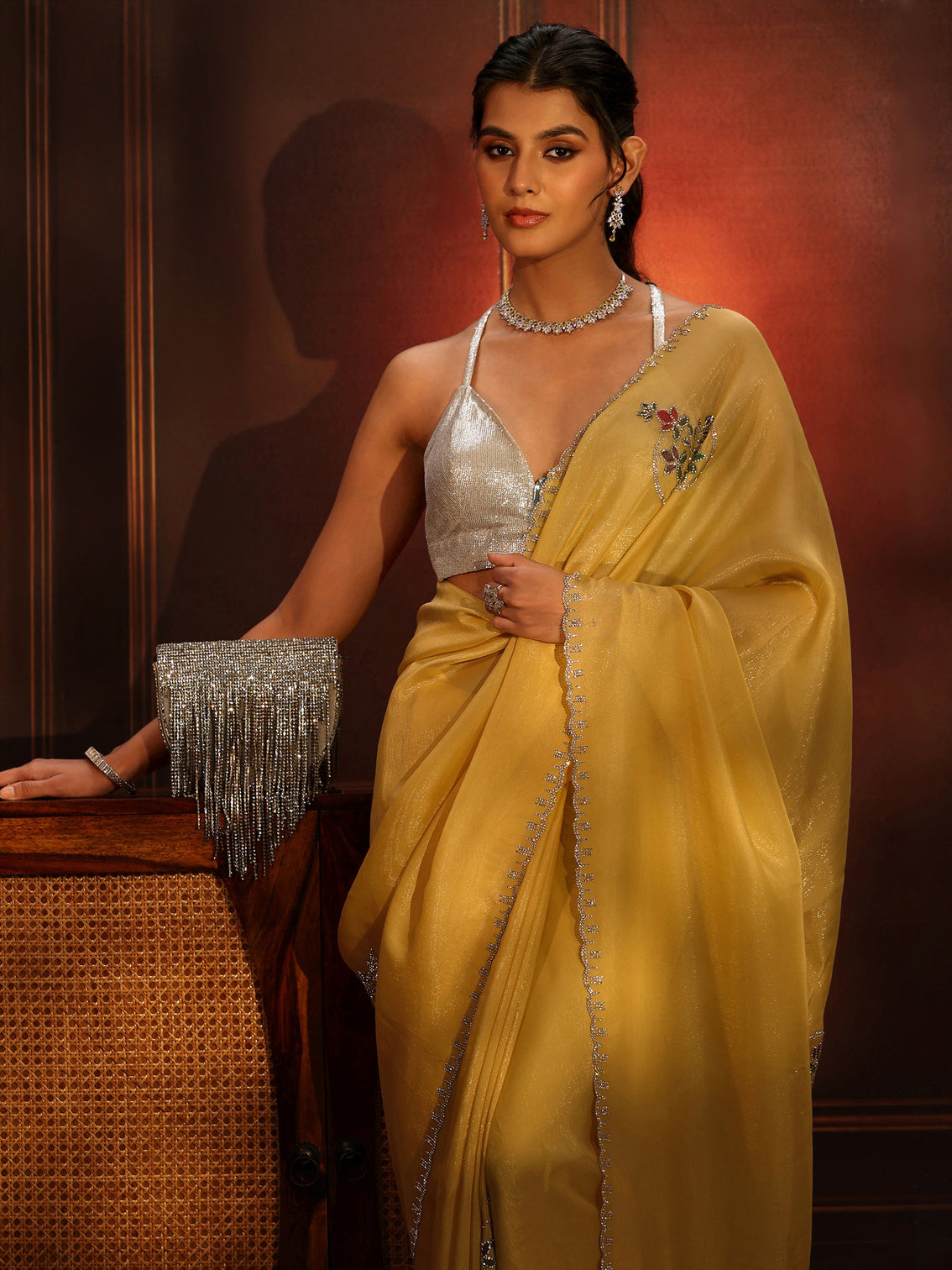 Mameraa Daffodil Yellow Tissue Saree with Embellished Border