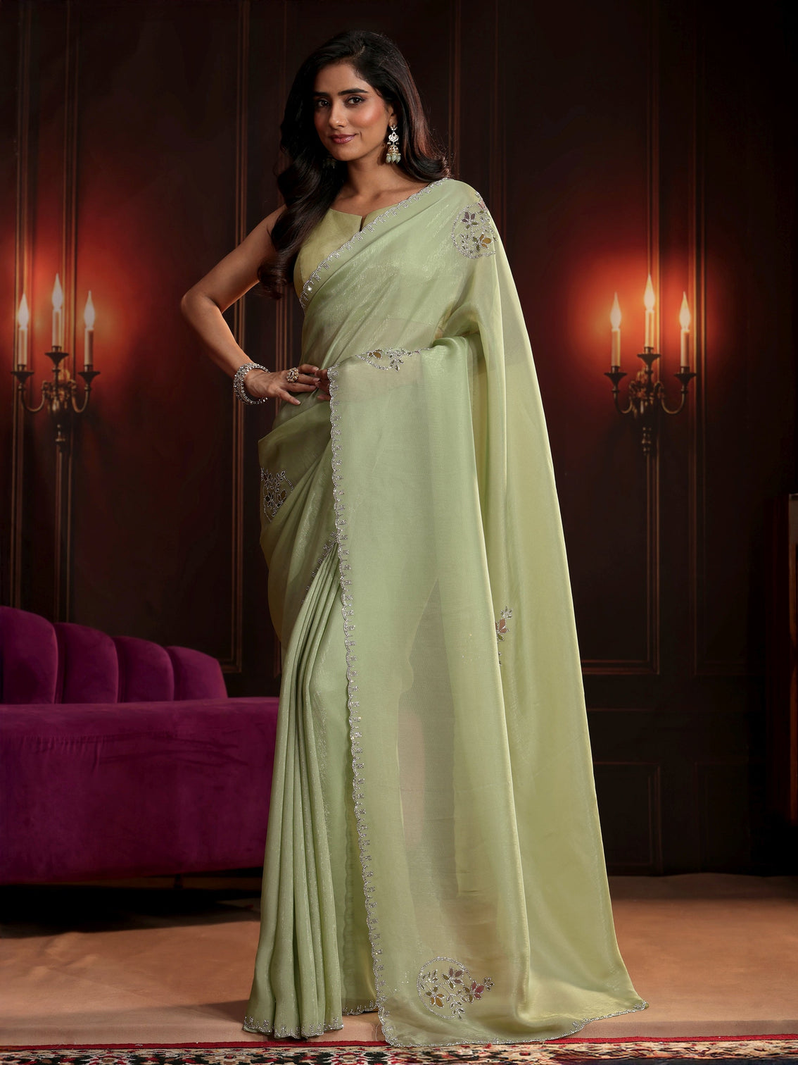 Mameraa Pista Green Floral Embellished Tissue Saree