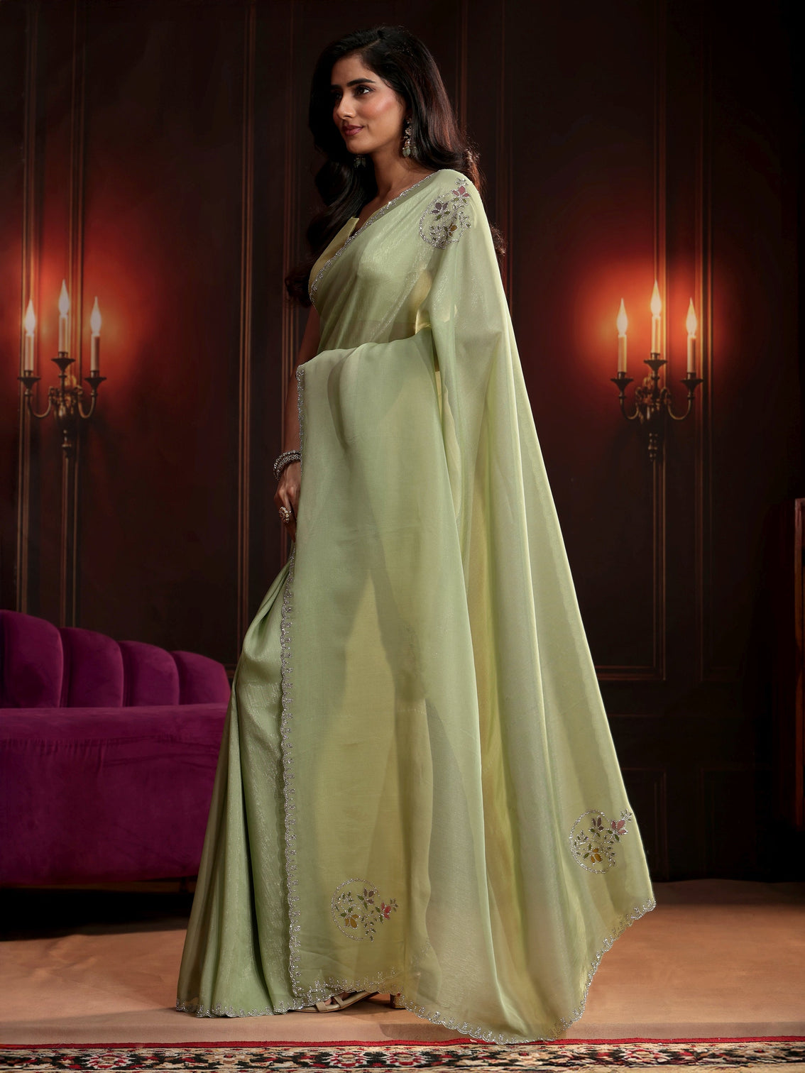 Mameraa Pista Green Floral Embellished Tissue Saree