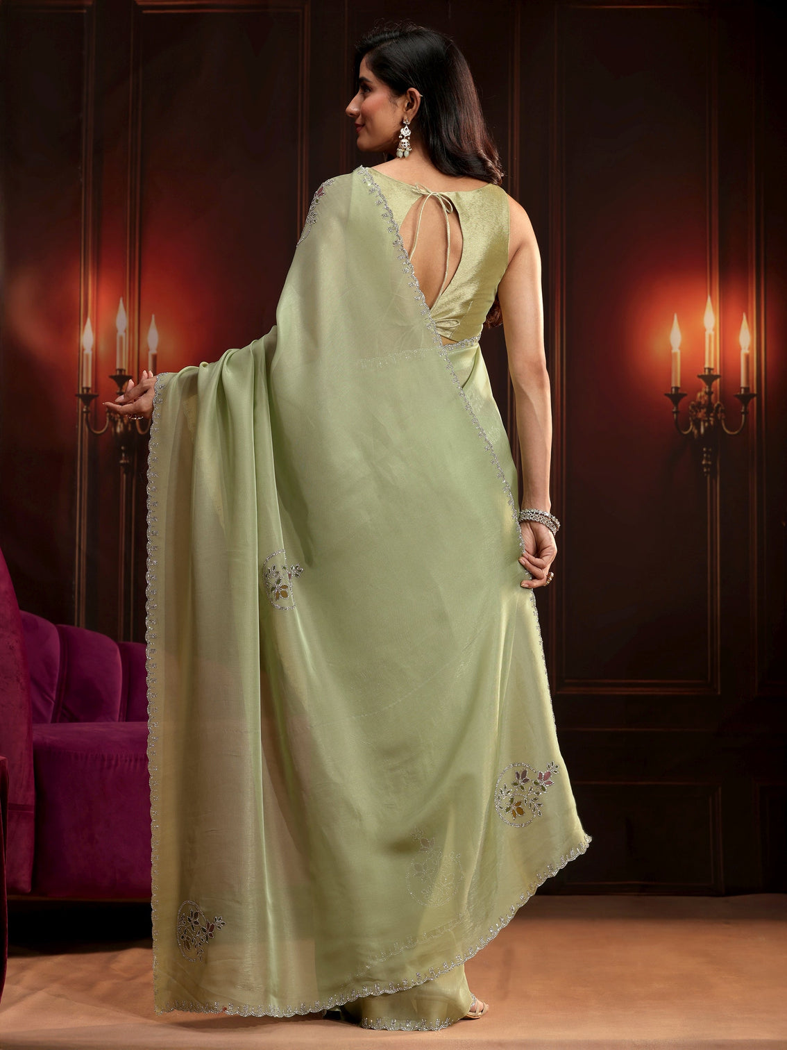 Mameraa Pista Green Floral Embellished Tissue Saree
