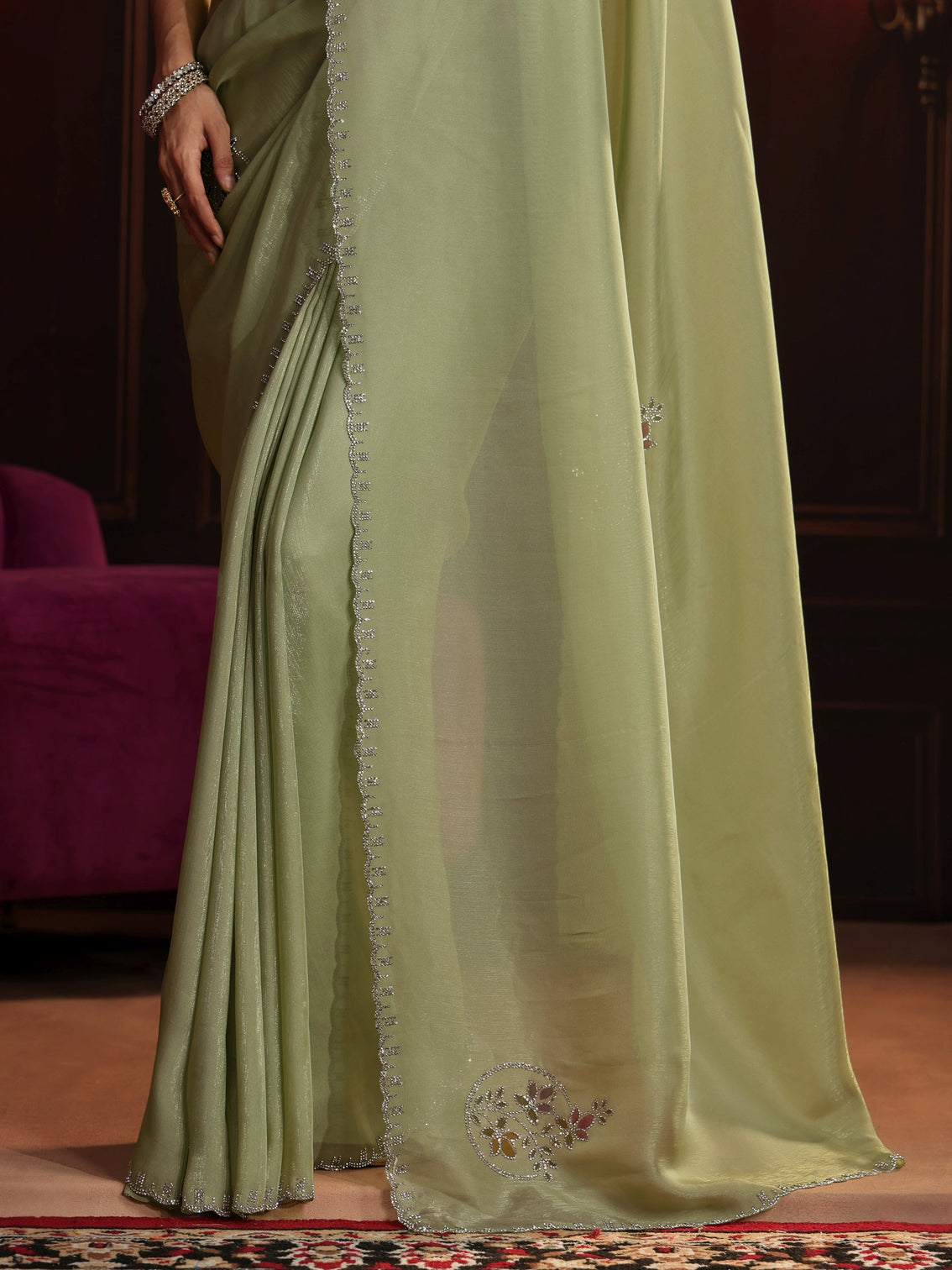 Mameraa Pista Green Floral Embellished Tissue Saree