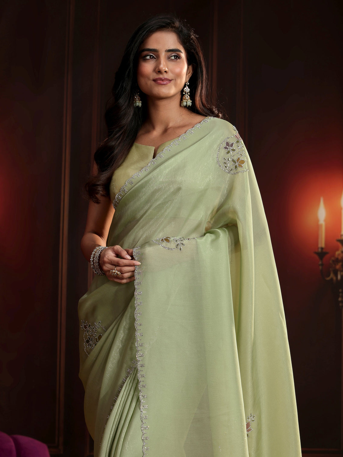 Mameraa Pista Green Floral Embellished Tissue Saree