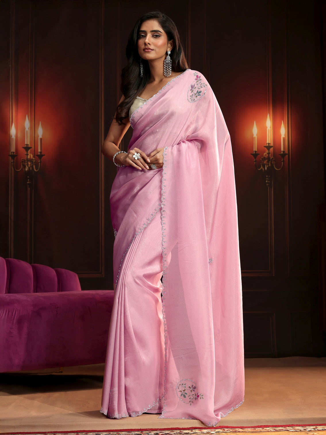 Mameraa Baby Pink Floral Embellished Tissue Saree