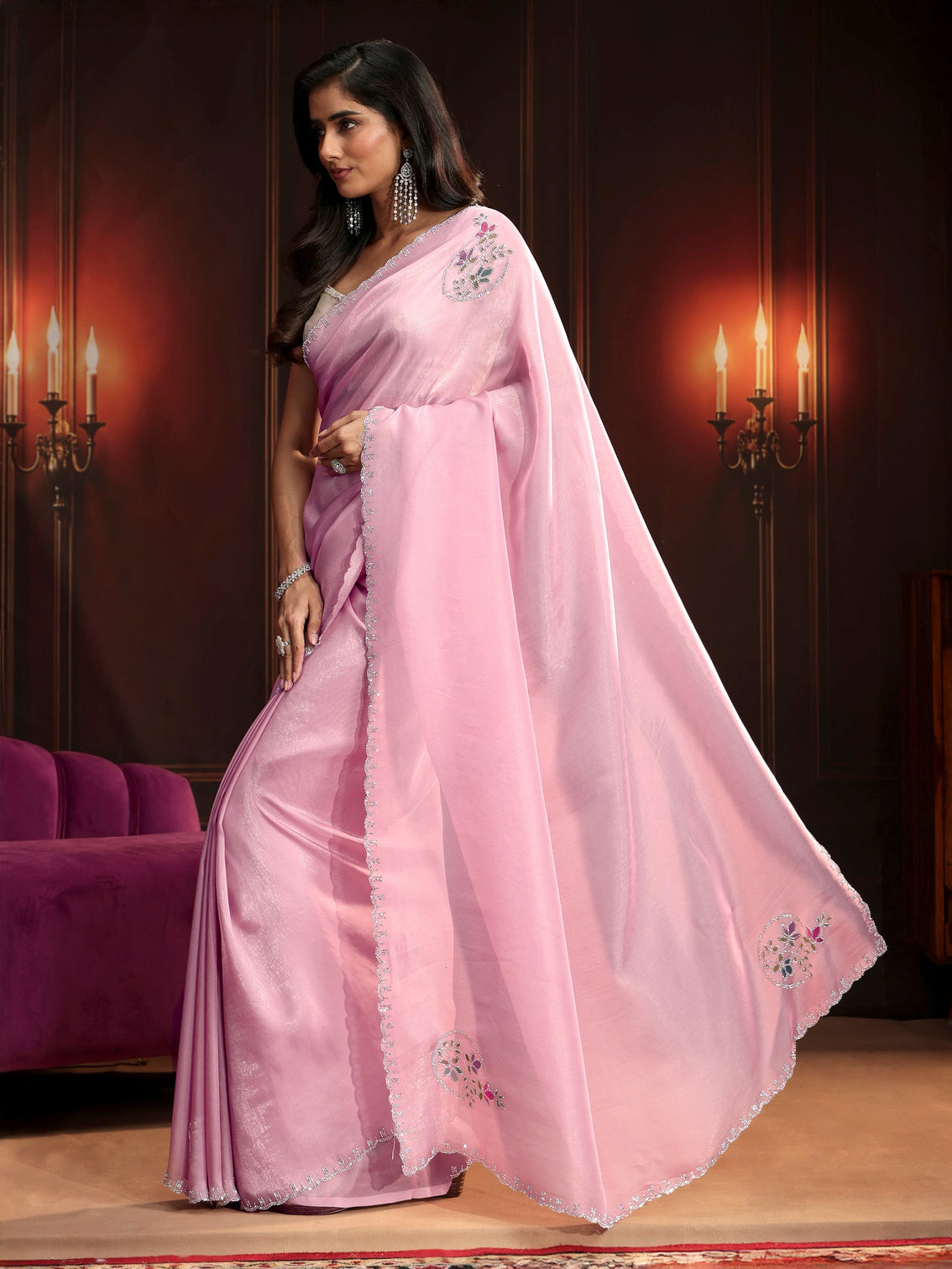Mameraa Baby Pink Floral Embellished Tissue Saree
