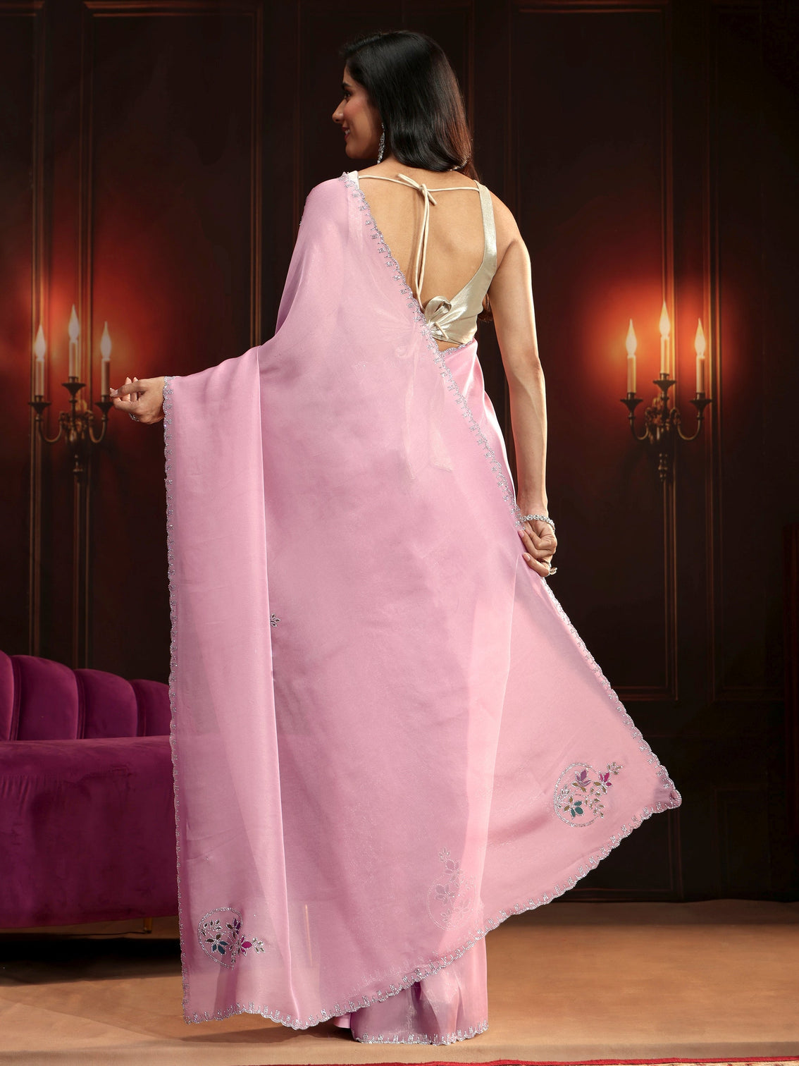 Mameraa Baby Pink Floral Embellished Tissue Saree