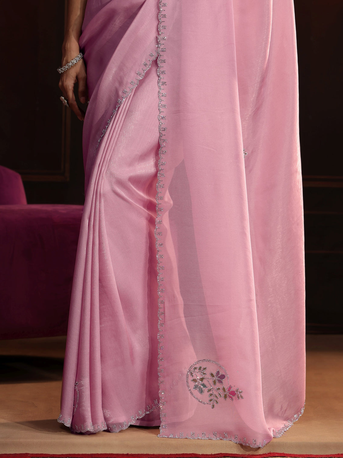 Mameraa Baby Pink Floral Embellished Tissue Saree