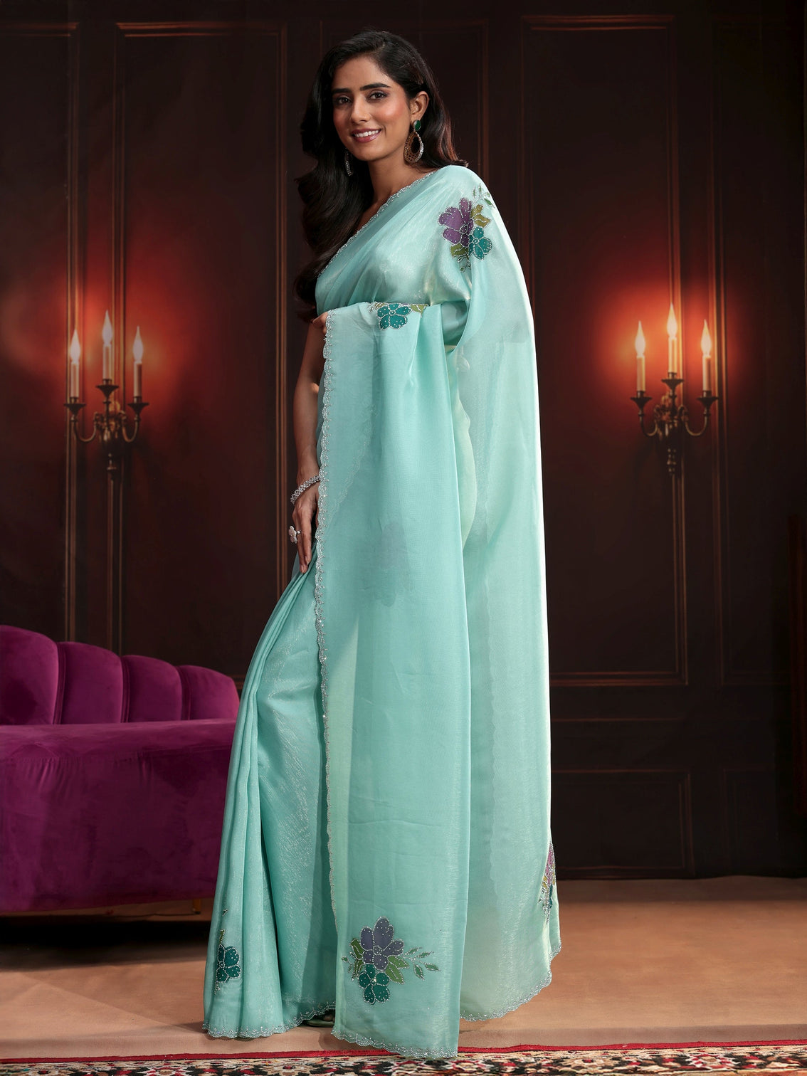 Mameraa Powder Blue Floral Embellished Tissue Saree