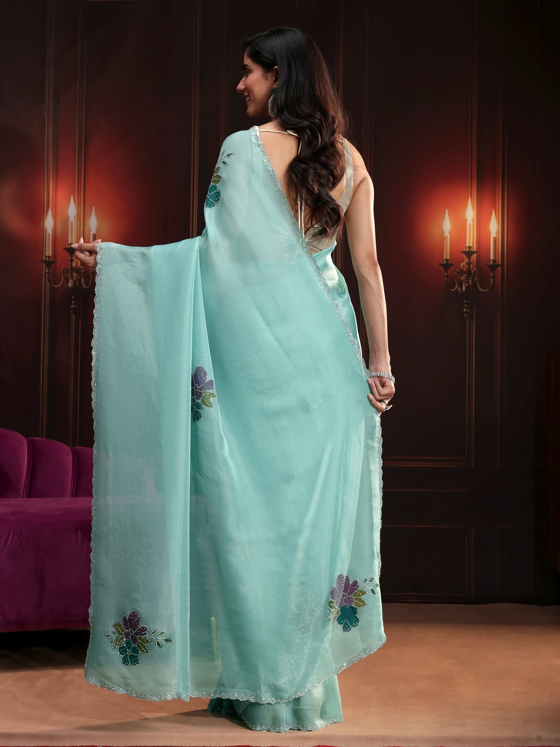 Mameraa Powder Blue Floral Embellished Tissue Saree
