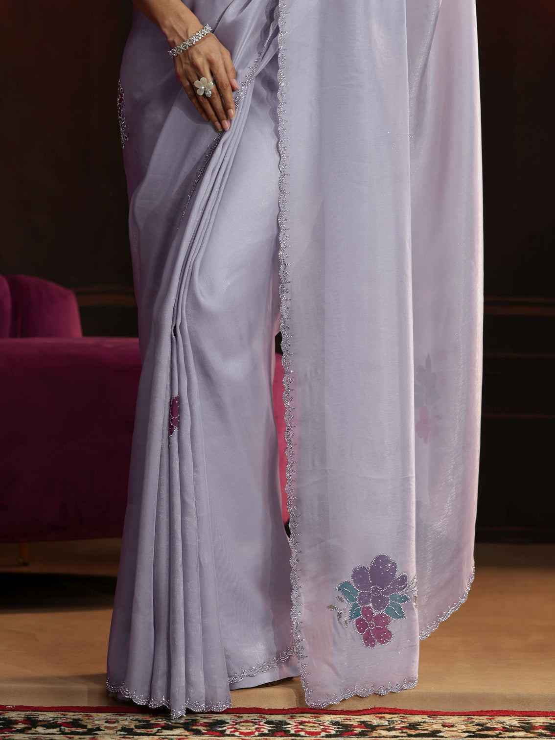 Mameraa Lavender Floral Embellished Tissue Saree