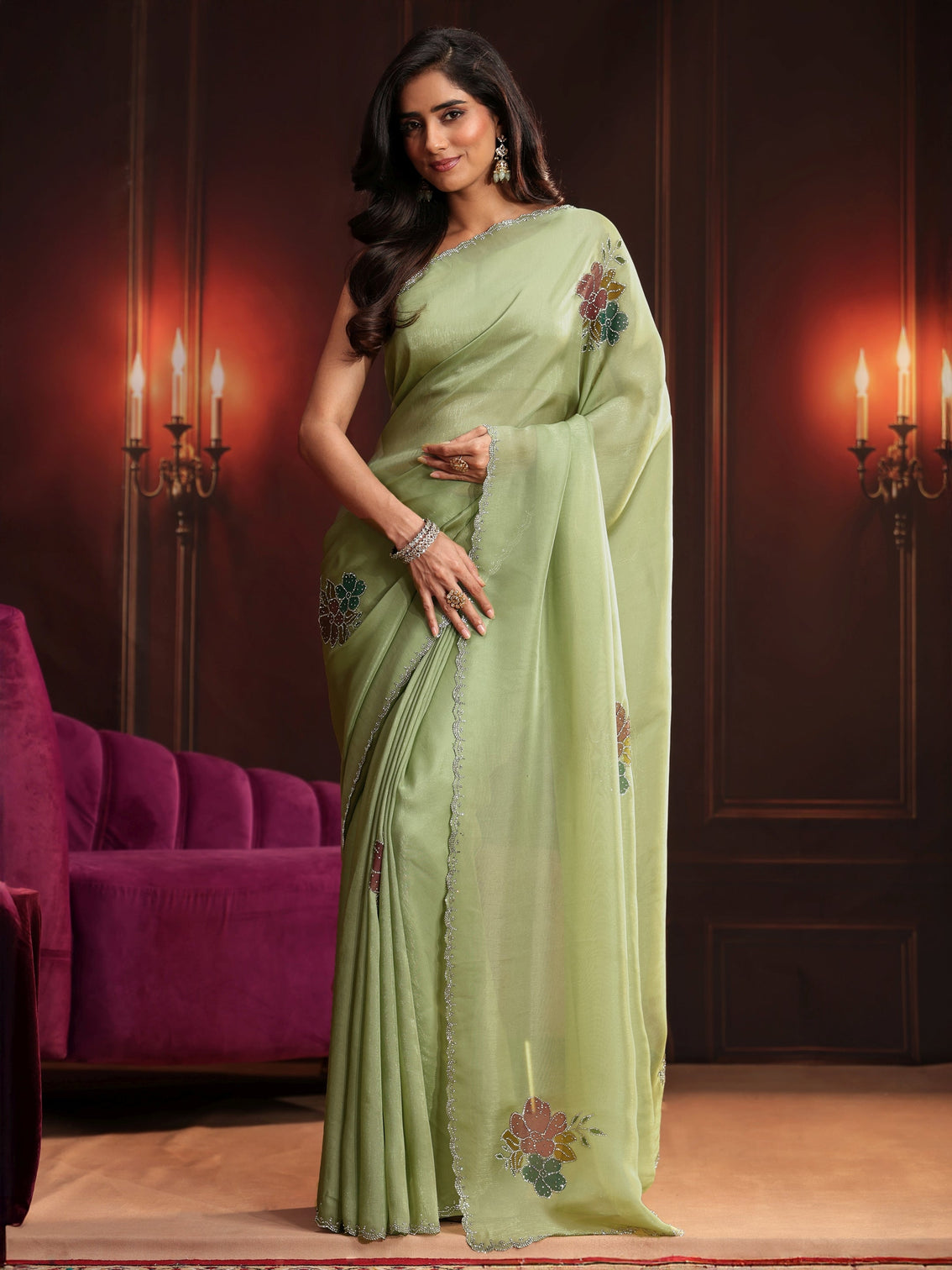 Mameraa Pista Green Floral Embellished Tissue Saree