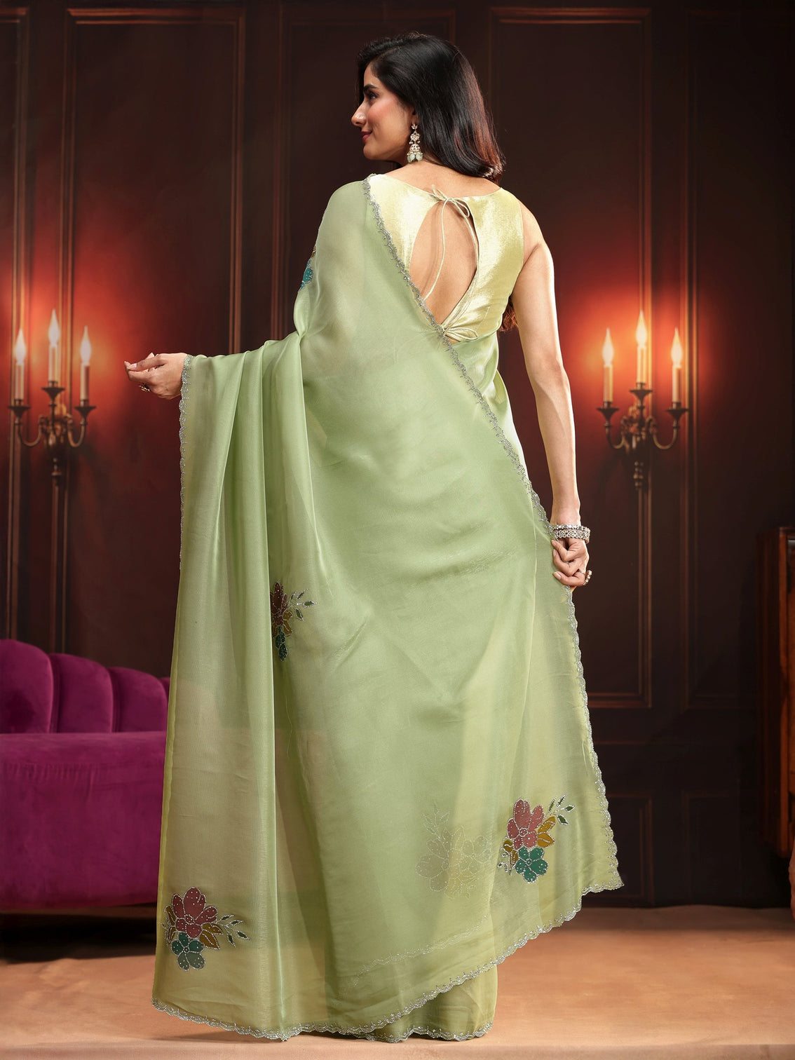 Mameraa Pista Green Floral Embellished Tissue Saree