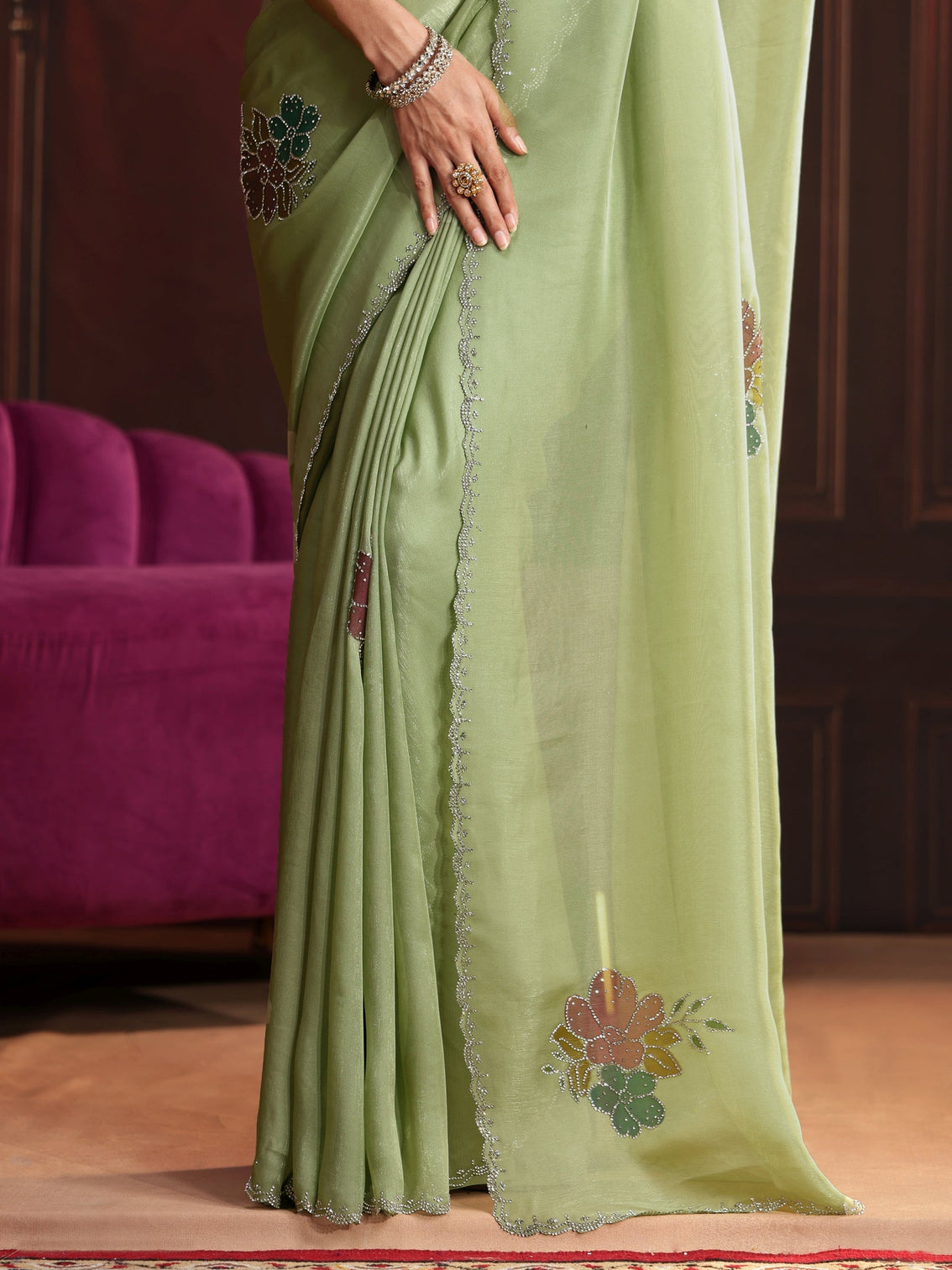 Mameraa Pista Green Floral Embellished Tissue Saree