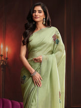 Libas Pista Green Floral Embellished Tissue Saree